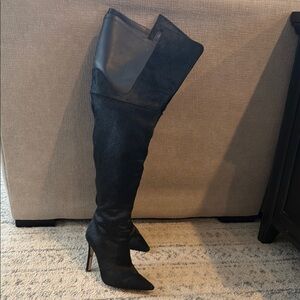 Good American Black Over-the-Knee Stiletto Boots flat fur like suede- Women